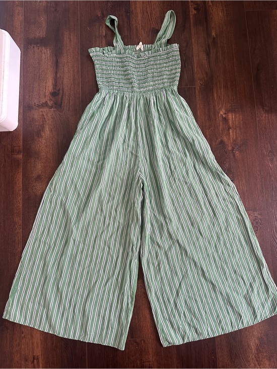 Pants - Green Striped Smocked Wide-Leg Jumpsuit